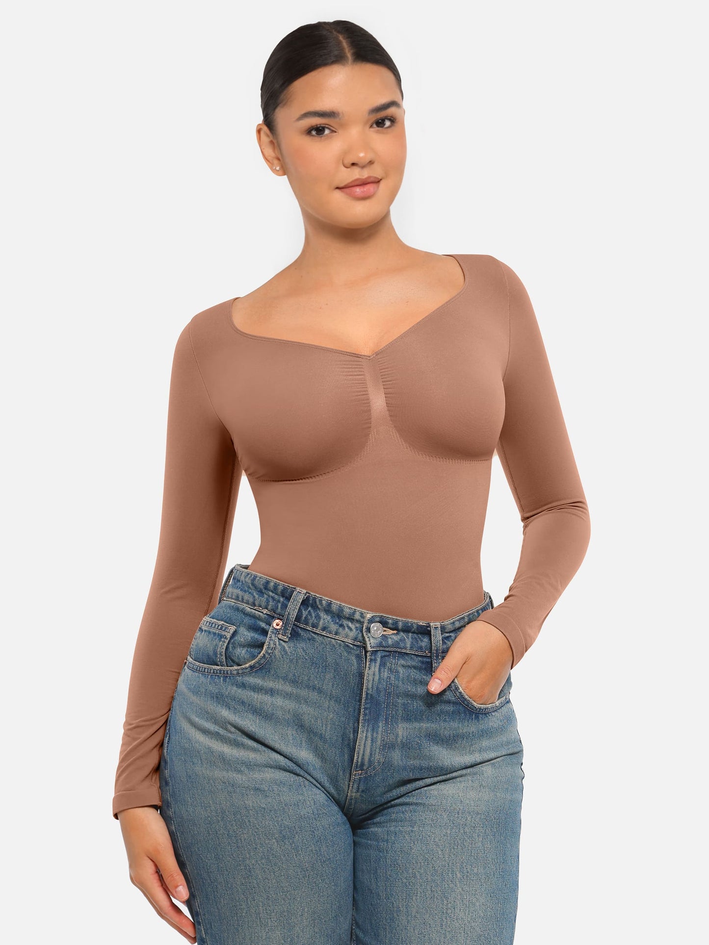 Feelingirl Seamless Long Sleeve Tummy Control Thong Bodysuit
